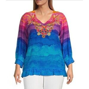 John Mark Tie Dye Beaded Embroidered Floral Tunic Top Womens Size Large Colorful